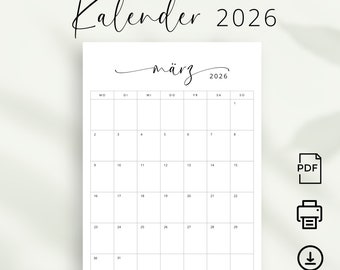 2026 Kalender 2026 Kalender Deutsch Monatsplaner 2026 Retrato Calendario alemán Calendario de pared IMPRIMIBLE en planificador alemán en vertical alemán