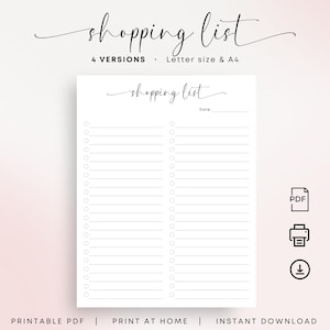Lista de compras imprimible para comprar Lista de verificación de artículos mínimos Plan de compras minimalista Planificador de compras elegante Tamaño carta A4 Descarga instantánea