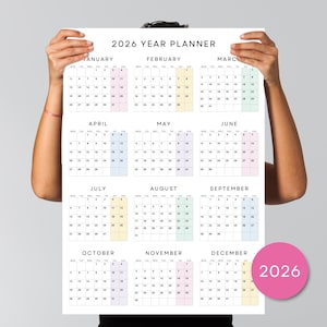 May include: A 2026 year planner with a pastel color scheme. Each month is displayed in a separate grid with the days of the week labeled. The months are January, February, March, April, May, June, July, August, September, October, November, and December. The planner is printed on white paper and has a simple, modern design.