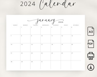 2024 Calendar 2024 Planner Landscape A3 Monthly Calendar Elegant 2024 Calendar A3 Wall Calendar PRINTABLE PDF A3 Sunday Start Monday Start