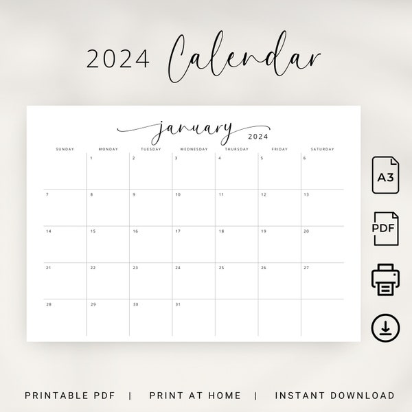 2024 Calendar 2024 Planner Landscape A3 Monthly Calendar Elegant 2024 Calendar A3 Wall Calendar PRINTABLE PDF A3 Sunday Start Monday Start