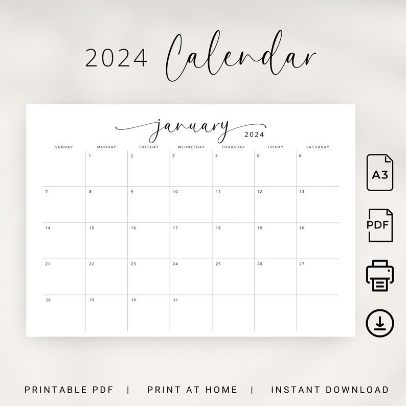 2024 Calendar 2024 Planner Landscape A3 Monthly Calendar Elegant 2024