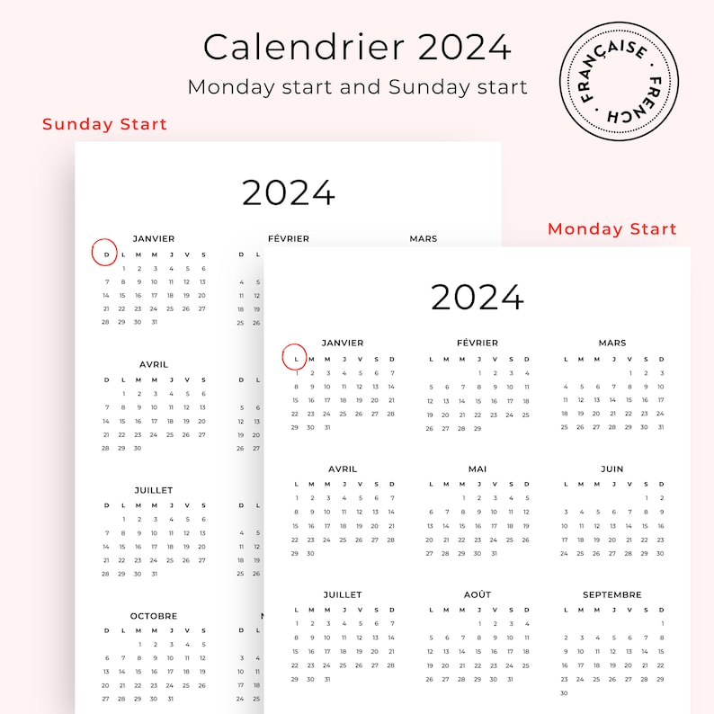 2024 Calendrier 2024 French Calendar 2024 Yearly Calendar French PDF Calendar 2024 PRINTABLE A3 A4 Letter 2024 Calendrier Annuel PDF 2024