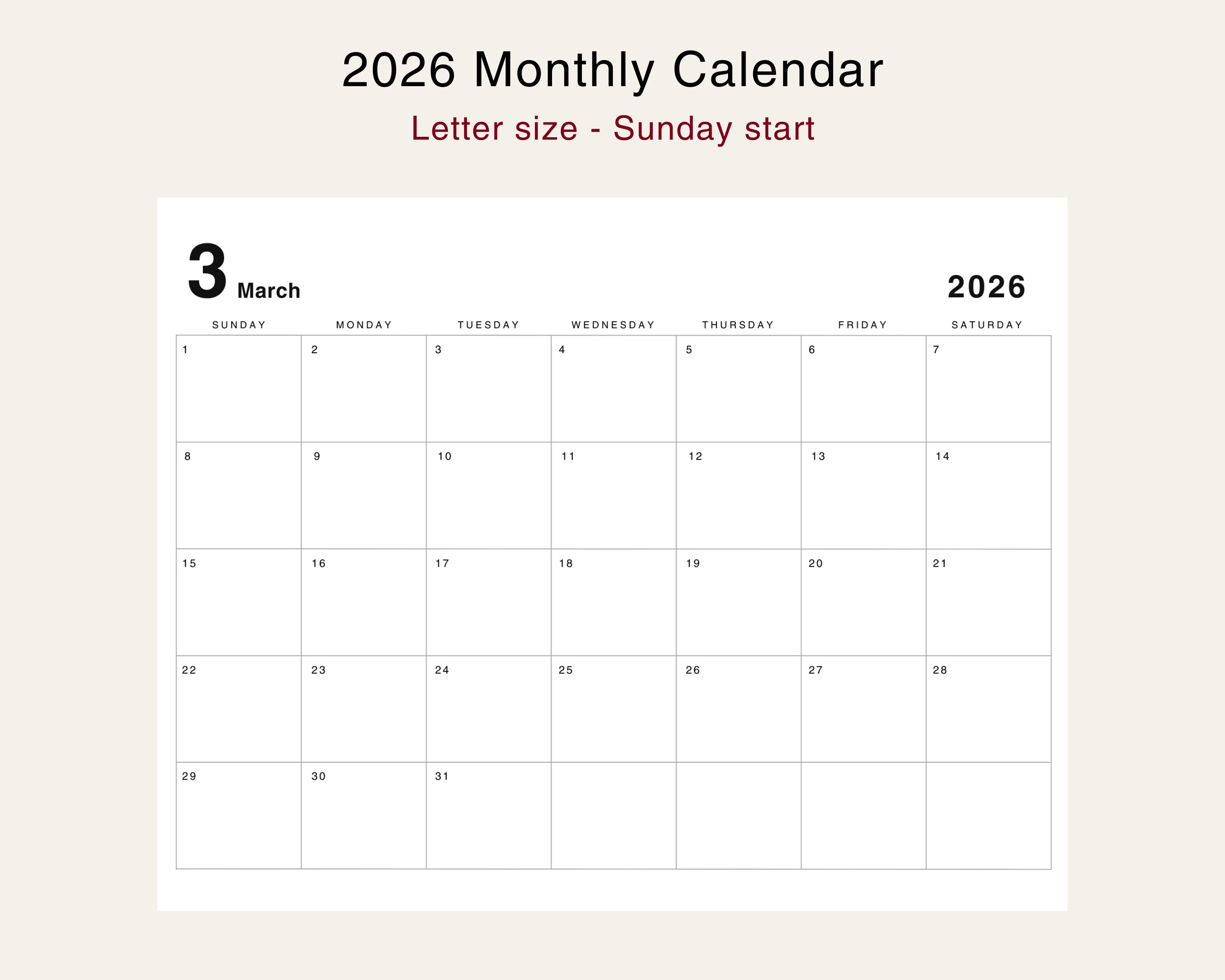 2026 Calendar 2026 Monthly Planner 2026 Minimal Calendar 2026 Landscape