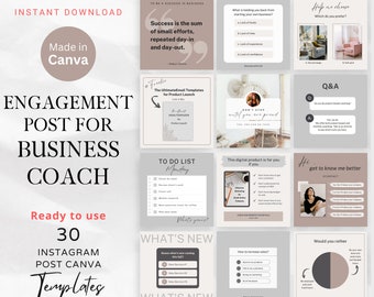 May include: A digital product with 30 Instagram post Canva templates for business coaches. The templates are in a grid layout with text and graphics in neutral tones. Includes bonus 50 line art Instagram highlight covers. Ready to use.