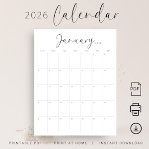 Calendario imprimible 2026, planificador mensual 2026 en PDF, elegante calendario de pared vertical, inicio domingo y lunes 2025, calendario de escritorio tamaño carta A4 2026