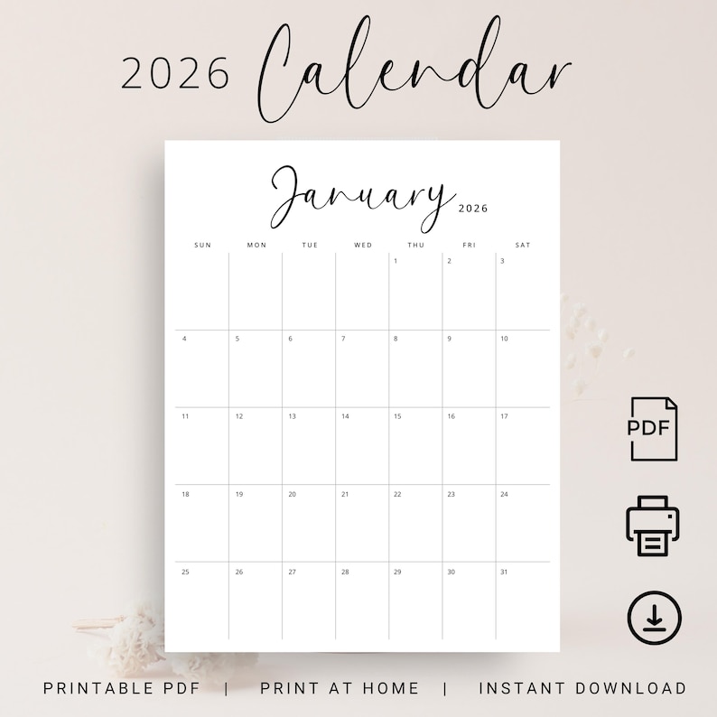 Printable 2026 Calendar 2026 Monthly Planner PDF Vertical Elegant Wall Calendar Sunday & Monday Start 2025 A4 Letter Size Desk Calendar 2026