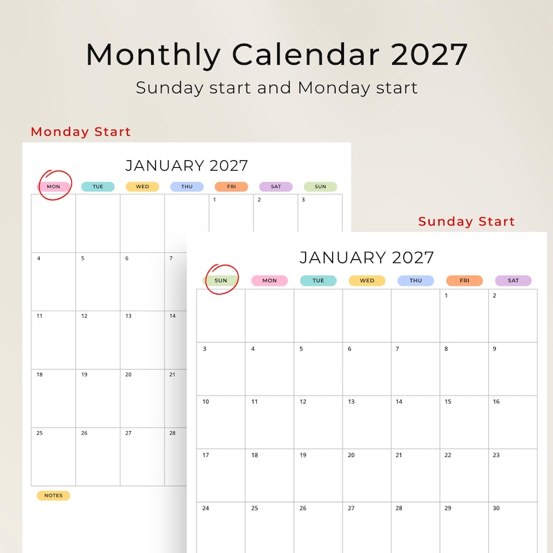 2027 Wall Planner 2027 Monthly Calendar Portrait Color Printable PDF A4 ...
