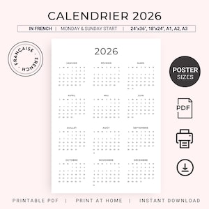 May include: A white 2026 calendar with the text "CALENDRIER 2026" and "IN FRENCH". The calendar includes the months January through December. The calendar is available in multiple sizes, including 61cm x 91cm and 46cm x 61cm.