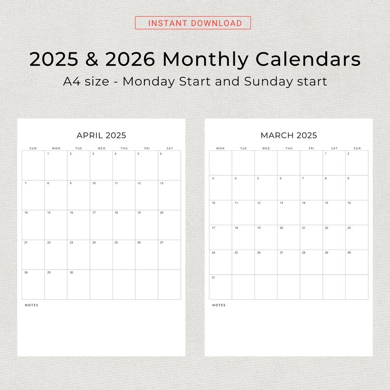2025 2026 Monthly Planner Vertical 2025 2026 Calendar Printable