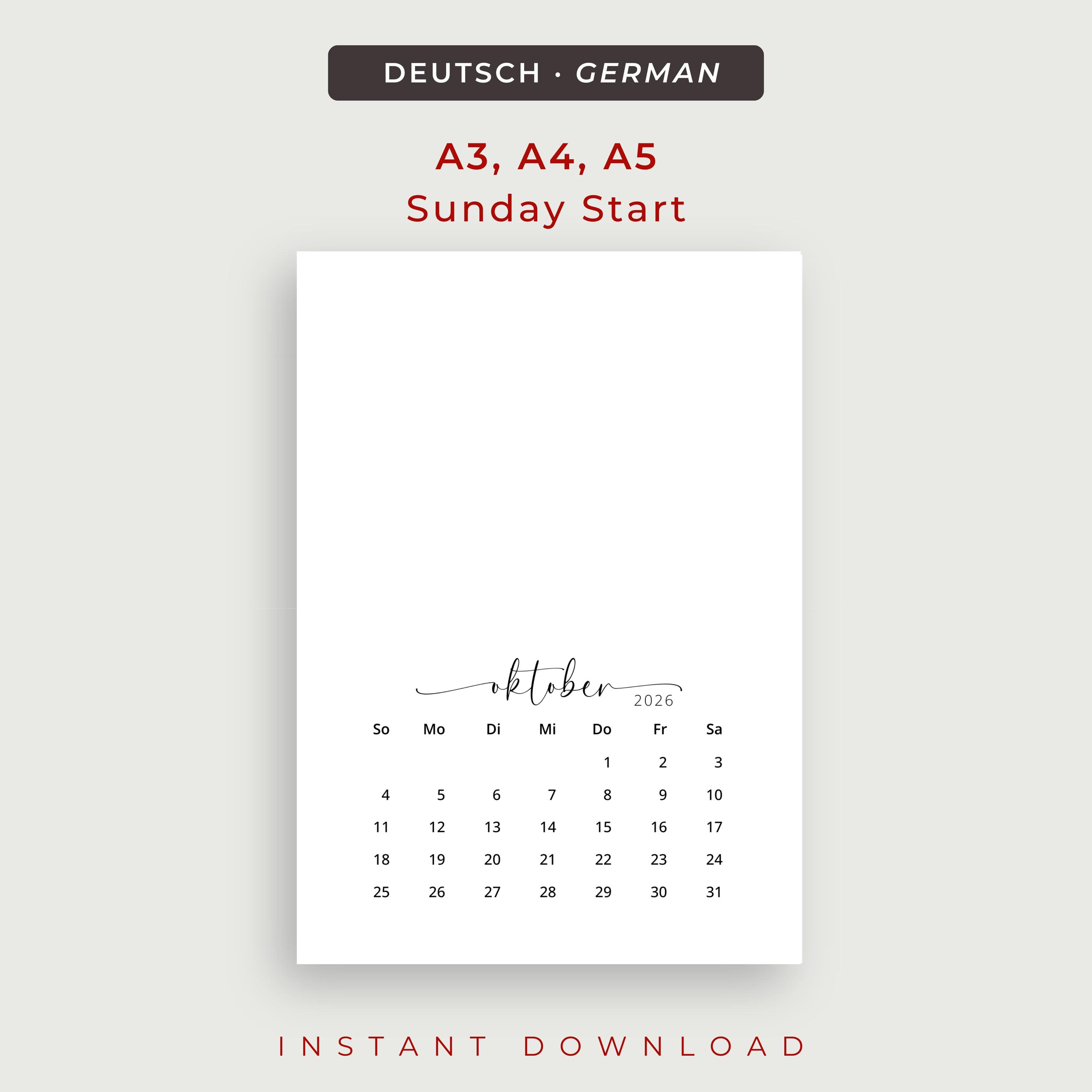 2026 Kalendar A3 A4 A5 2026 Kalender Auf Deutsch PRINTABLE PDF Elegant