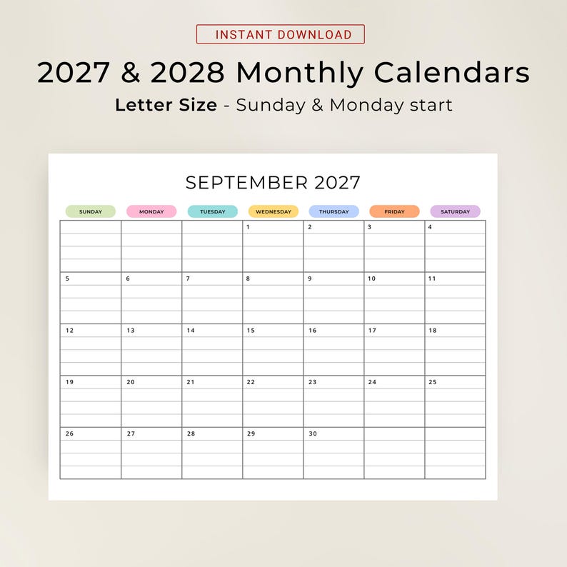 2027 2028 Monthly Calendar With Lines PRINTABLE PDF 2027-2028 Planner ...