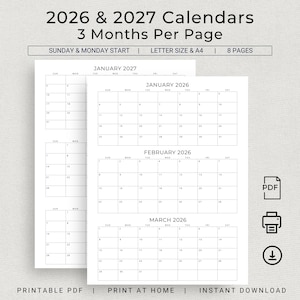 Könnte beinhalten: Weißes druckbares Kalenderblatt für 2026 und 2027 mit drei Monaten pro Seite. Die Kalender beginnen am Sonntag und Montag und haben das Format Letter und A4. Der Text auf dem Bild lautet "Druckbares PDF", "Zu Hause drucken" und "Sofortiger Download".