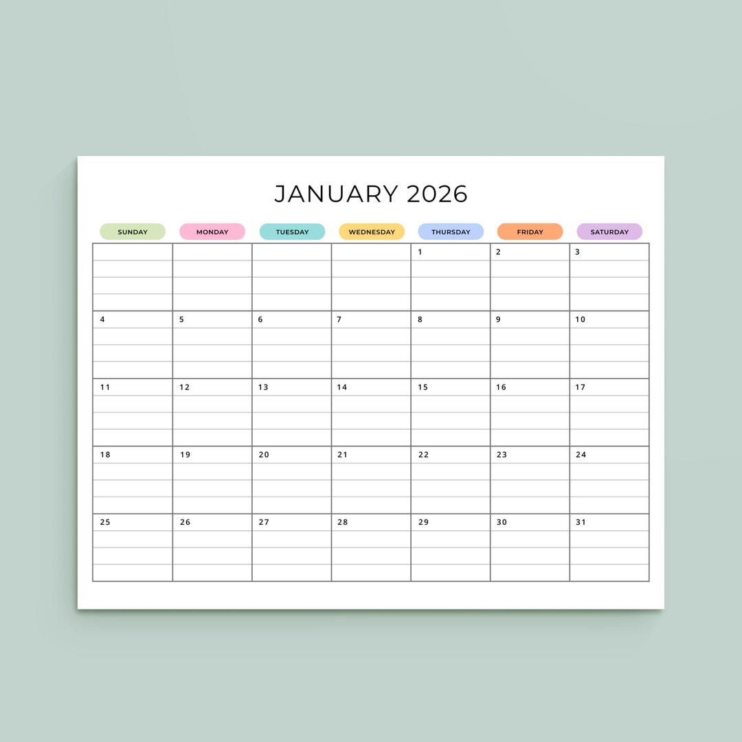 Calendário Mensal de 2026 com Linhas - PDF IMPRIMÍVEL - Planejador de ...