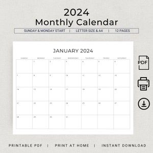 2024 Monthly Planner Landscape Sunday & Monday Start, 2024 Minimal Black and White Monthly Calendar, A4 and Letter Size, Print At Home PDF