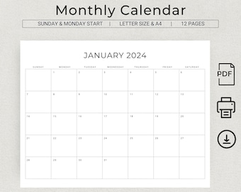 2024 Monthly Planner Landscape Sunday & Monday Start, 2024 Minimal Black and White Monthly Calendar, A4 and Letter Size, Print At Home PDF