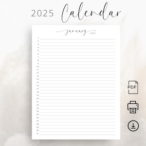 Planificador mensual 2025 Calendario 2025 vertical Resumen del mes 2025 Elegante planificador imprimible Tamaño carta A4 Calendario perpetuo 2025 Descargar