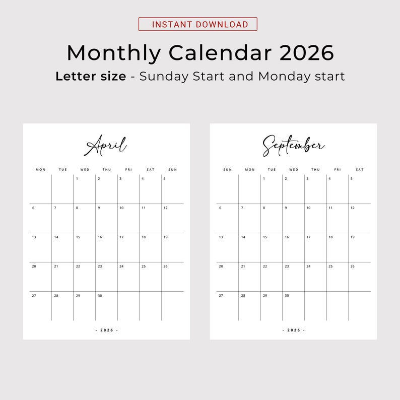 2026 Monthly Calendar Portrait 2026 Planner Portrait 2026 Soft