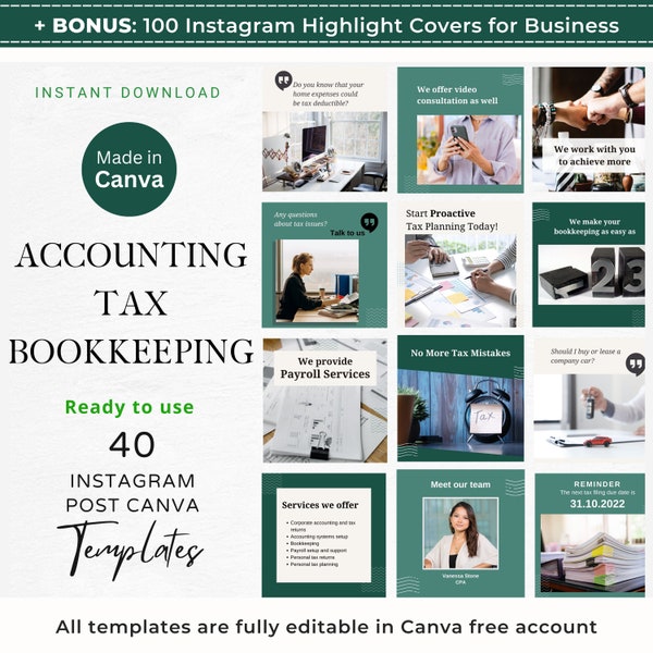 40 Accounting Instagram Post Boekhouding Canva-sjablonen Accountant CPA Boekhouder Belastingvoorbereider Social Media Groene Moderne Insta-sjabloon