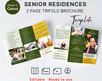 Bewerkbare driebladige brochure voor seniorenwoningen Gedeelde seniorenwoningbrochure Kinderdagverblijf Flyer Senior Co-Housing Folder Canva-sjabloon