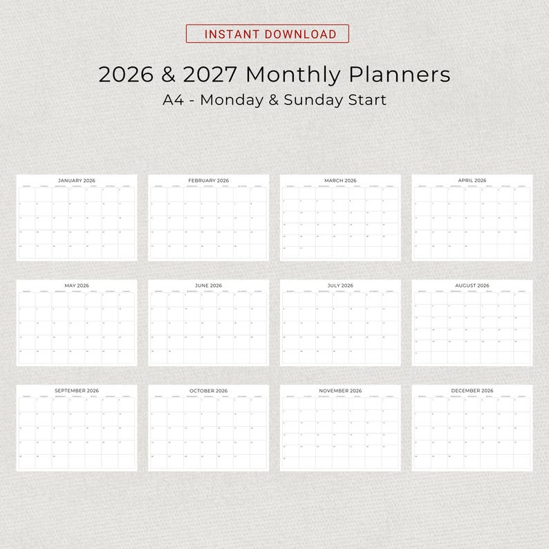 2026 & 2027 Calendar 2026-2027 Monthly Planner Minimalist Printable PDF ...