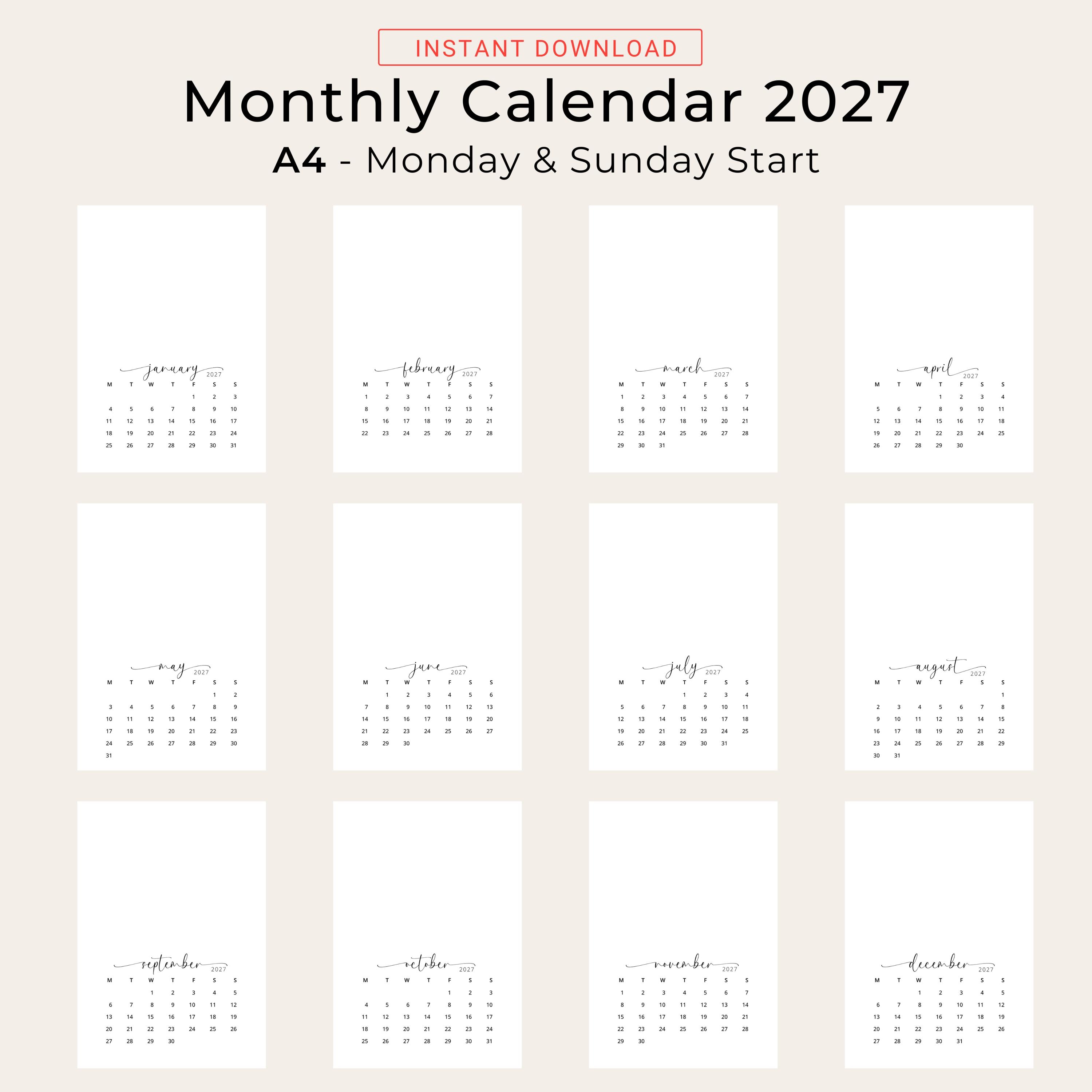 2027 Calendar Printable PDF 2027 Calendar Portrait Desk Calendar 2027