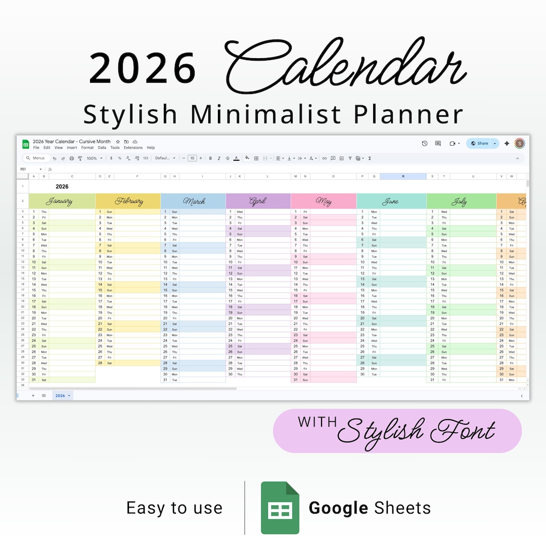 2026 Calendar Google Sheets Template With Stylish Font Easy to Use ...