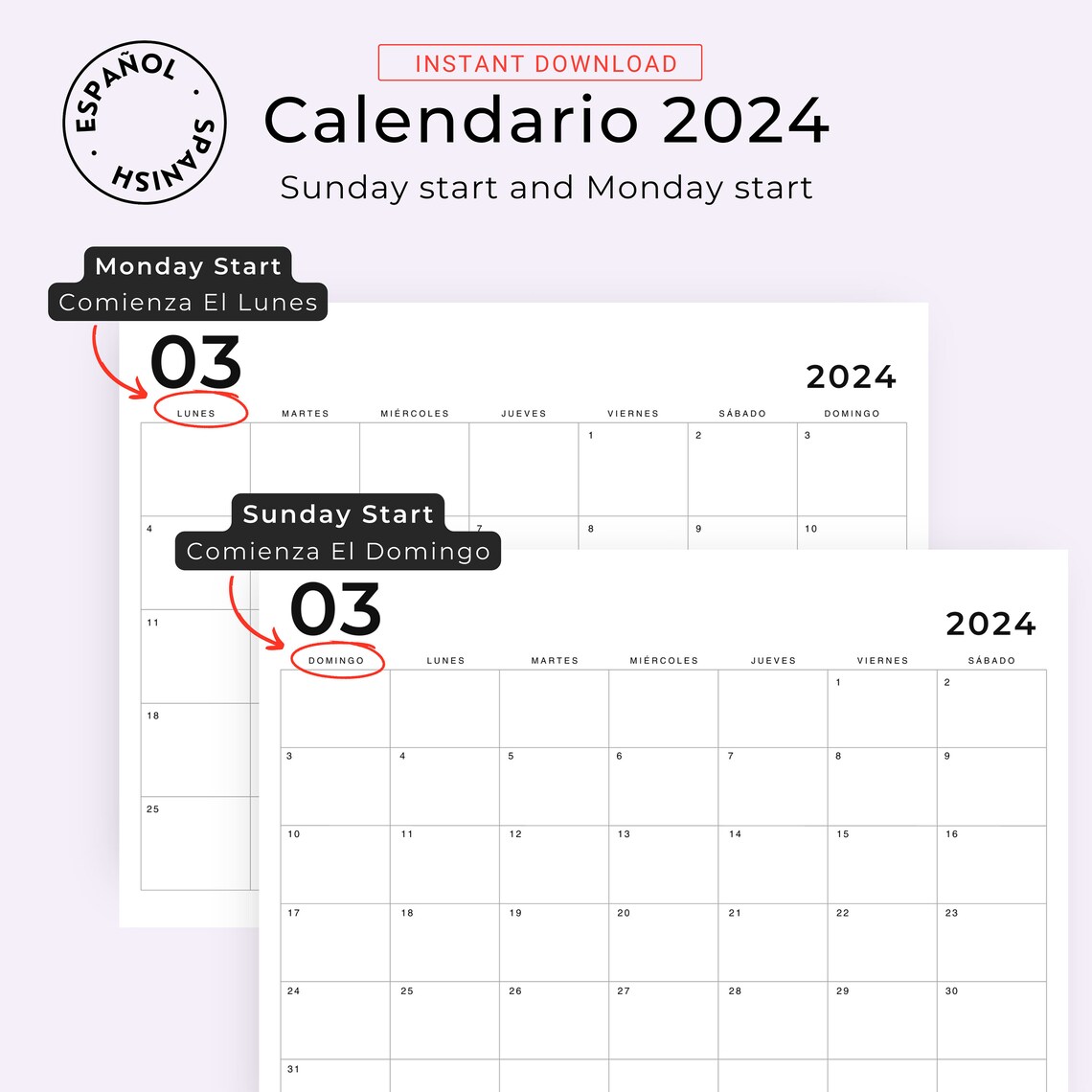 Calendario 2024 Calendario Mensual 2024 IMPRIMIBLE Calendario Español