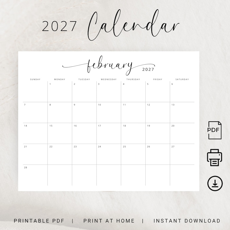 2027 Calendar 2027 Monthly Planner Landscape Elegant Wall Calendar Sunday & Monday Start 2027 A4 Letter Size Desk Planner Printable PDF