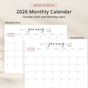 2026 Calendar 2026 Monthly Planner Landscape Elegant Monthly Calendar Sunday Start Monday Start 2026 Wall Calendar Monthly PRINTABLE PDF