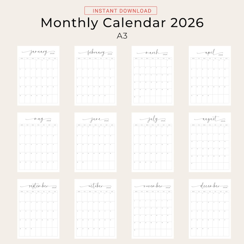 2026 Kalender A3 2026 Monatsplaner A3 Hochformat Wandkalender 2026