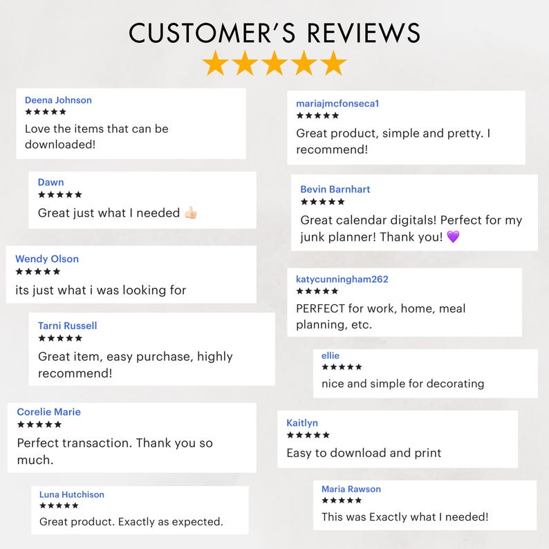 May include: A graphic displaying customer reviews with a five-star rating system. The text includes positive feedback such as "Great product," "Easy to download," and "Perfect transaction." The title reads "CUSTOMER'S REVIEWS."