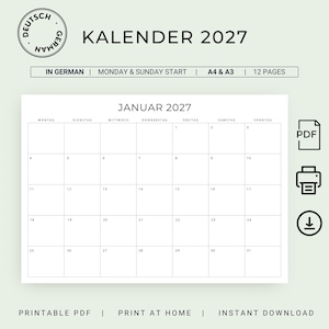2027 Kalender 2027 Monatskalender 2027 Minimalist German Monthly Calendar PRINTABLE PDF 2027 Monthly Planner Germany A3 A4 Instant Download