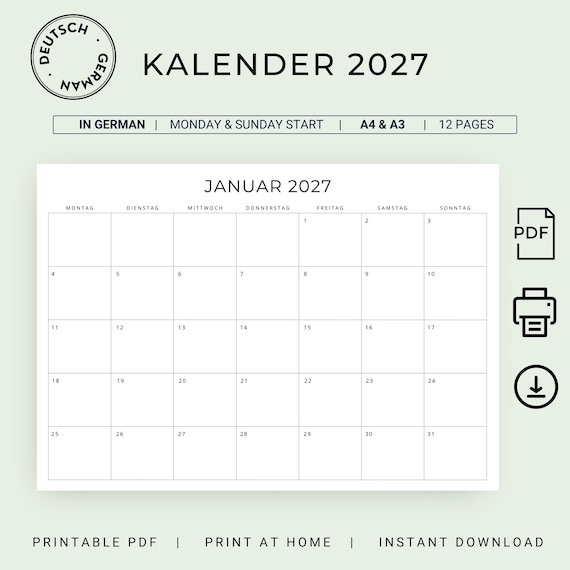2027 Kalender 2027 Monatskalender 2027 Minimalist German Monthly Calendar PRINTABLE PDF 2027 Monthly Planner Germany A3 A4 Instant Download