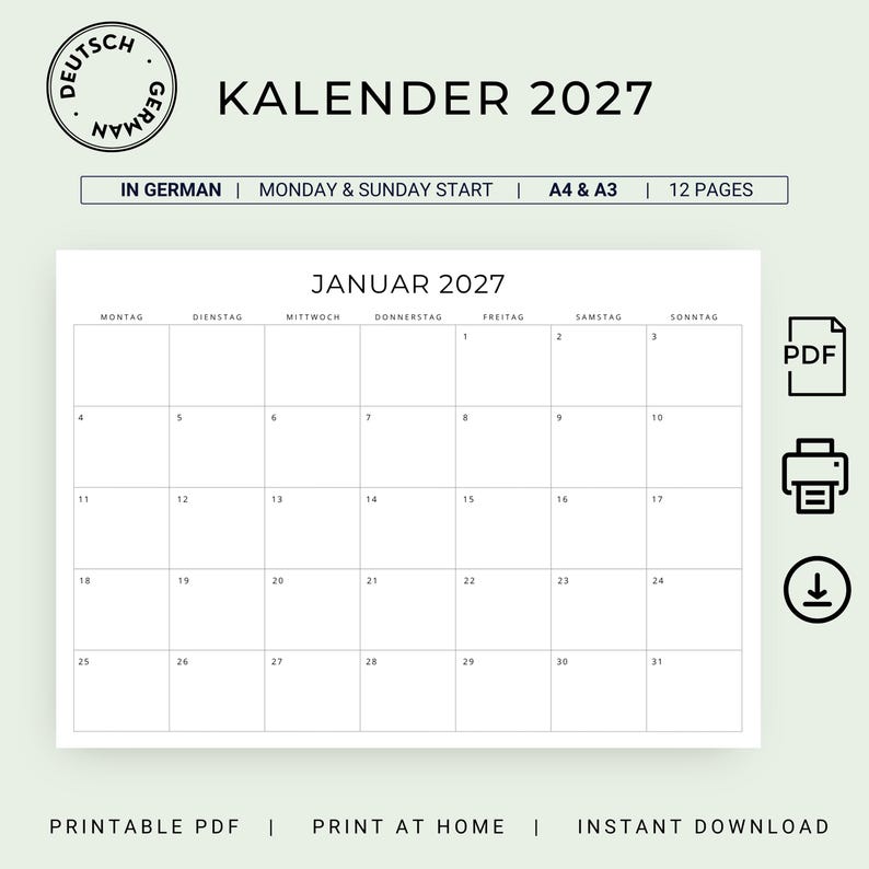 2027 Kalender 2027 Monatskalender 2027 Minimalist German Monthly Calendar PRINTABLE PDF 2027 Monthly Planner Germany A3 A4 Instant Download