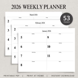 Big Number 2026 Weekly Planner 2026 Weekly Journal Printable PDF Dated Agenda Minimalist Week at a Glance Landscape Classy Letter Size A4