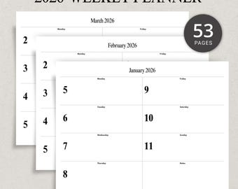 Big Number 2026 Weekly Planner 2026 Weekly Journal Printable PDF Dated Agenda Minimalist Week at a Glance Landscape Classy Letter Size A4