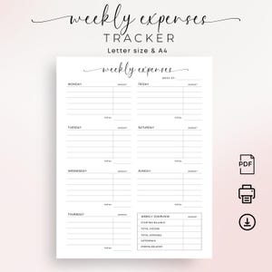 Seguimiento de gastos semanales Seguimiento de gastos Planificador de presupuesto semanal Seguimiento de dinero imprimible Planificador financiero personal Insertar tamaño A4 Carta Elegante