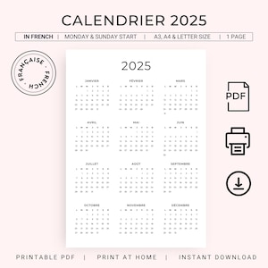 Calendrier 2025 Français 2025 Calendrier Annuel 2025 Calendário imprimível em francês 2025 PDF Calendário anual Francês IMPRIMÍVEL A3 A4 Carta