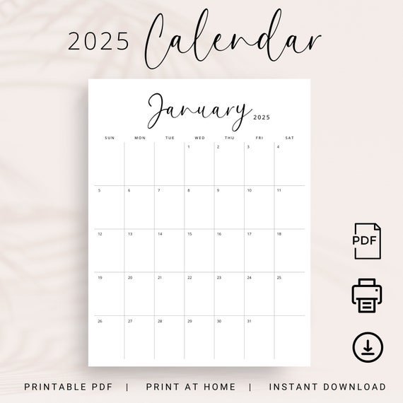 2025 Calendar 2025 Monthly Planner Printable 2025 Vertical Monthly Calendar Agenda  2025 Wall Calendar A4 Letter Size Sunday & Monday Start 