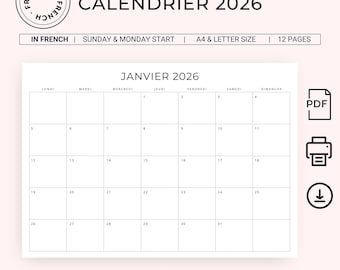 2026 Calendrier Français 2026 French Calendar 202 Monthly Calendar in French 2026 PRINTABLE Monthly Planner 2026 Minimal Planner A4 Letter