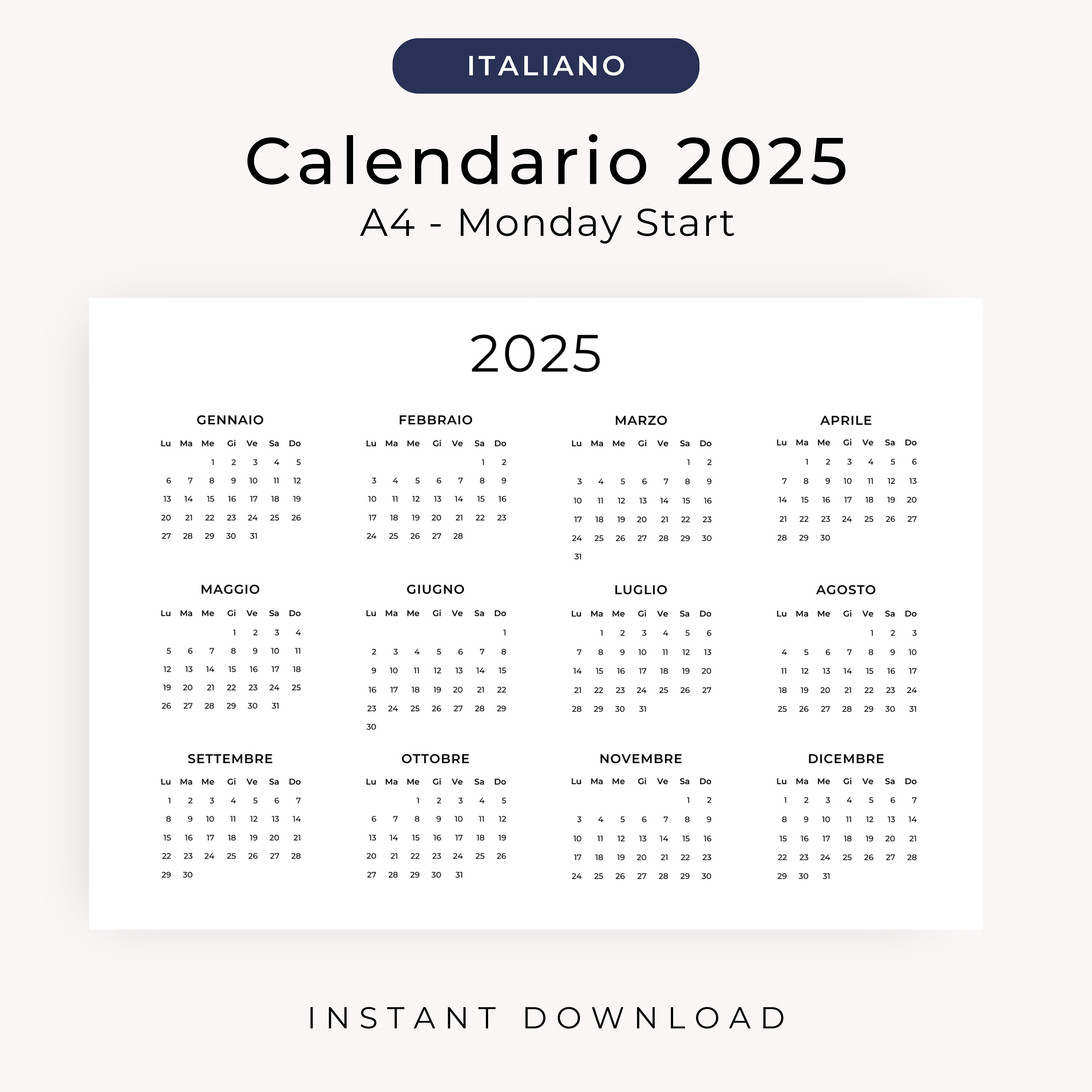 Calendario 2025 Calendario Annuale 2025 Calendario in Italiano 2024 PRINTABLE Italian Calendar