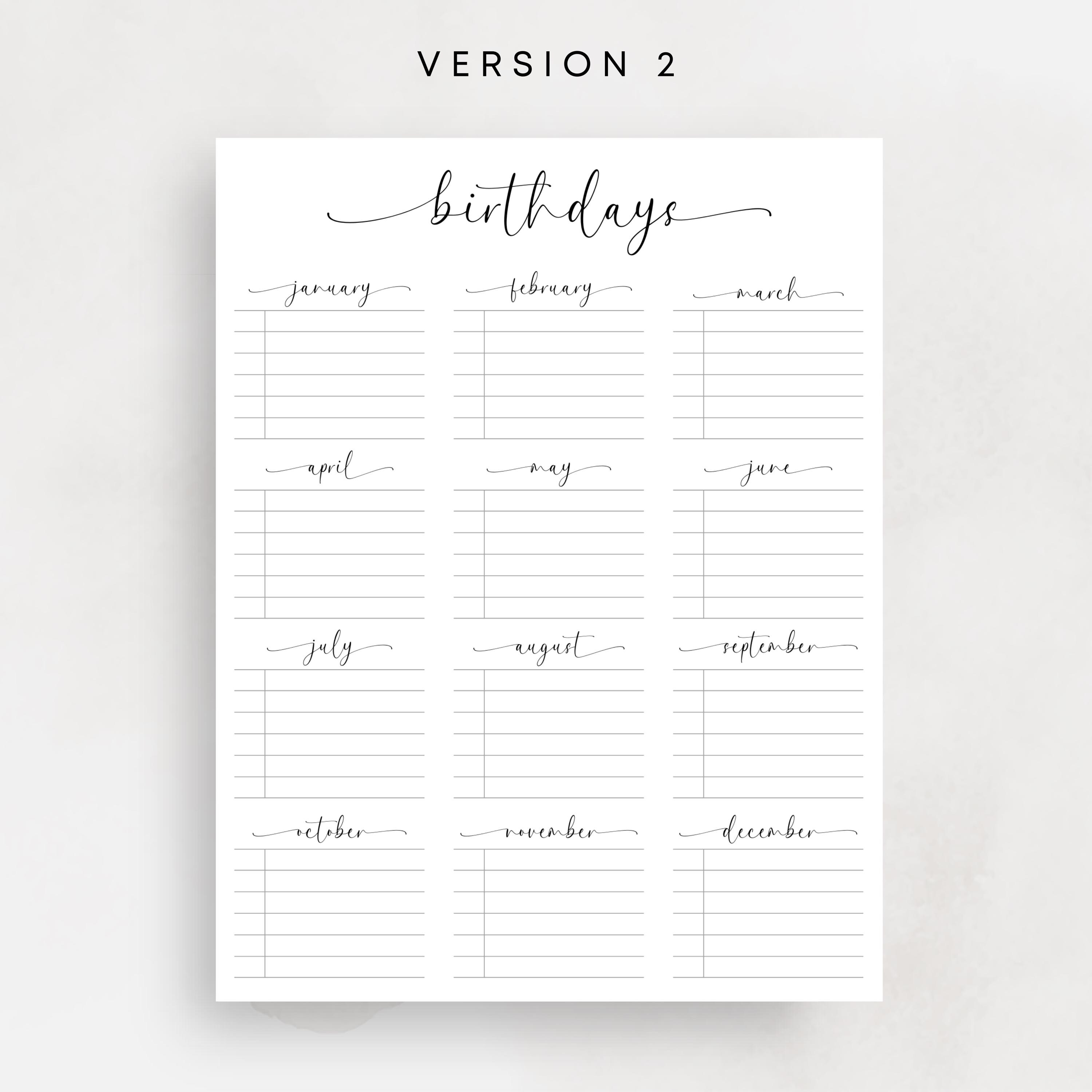 Printable Birthday Tracker PDF Birthday Calendar for Home Birthday ...
