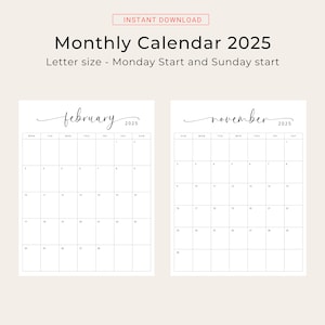 2025 Calendar 2025 Monthly Planner Vertical Sunday & Monday Start 2025 ...