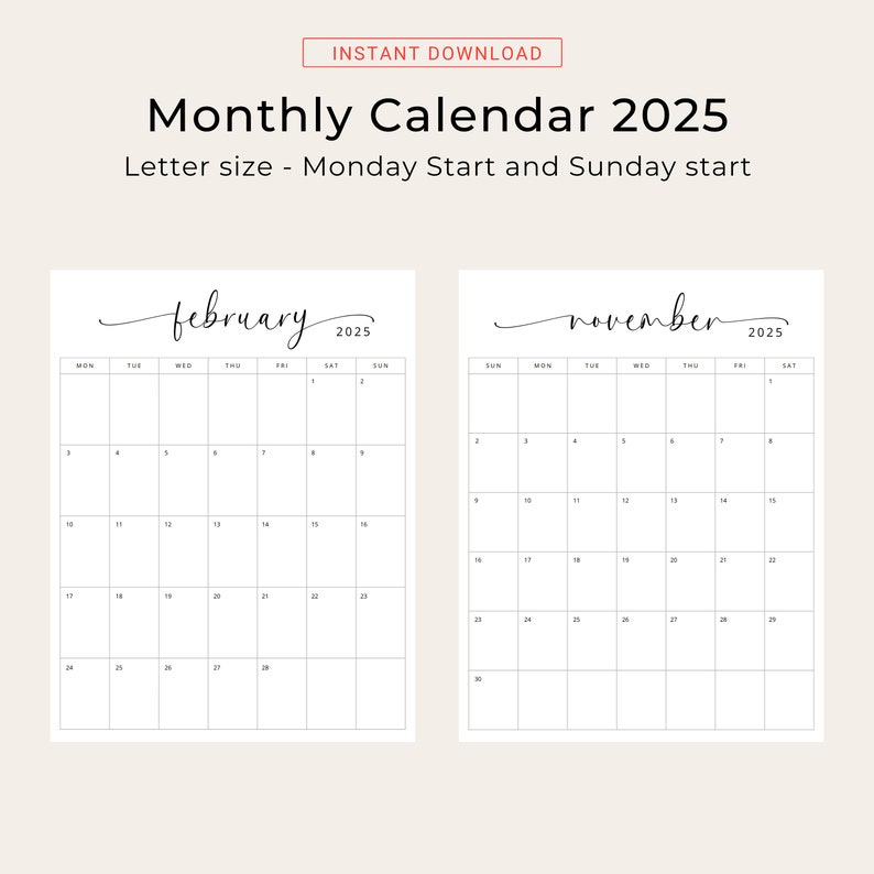2025 Calendar 2025 Monthly Planner Vertical Sunday & Monday Start 2025 ...