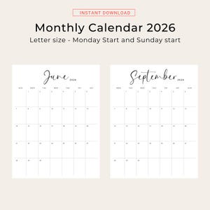 Printable 2026 Calendar 2026 Monthly Planner PDF Vertical Elegant Wall Calendar Sunday & Monday Start 2025 A4 Letter Size Desk Calendar 2026