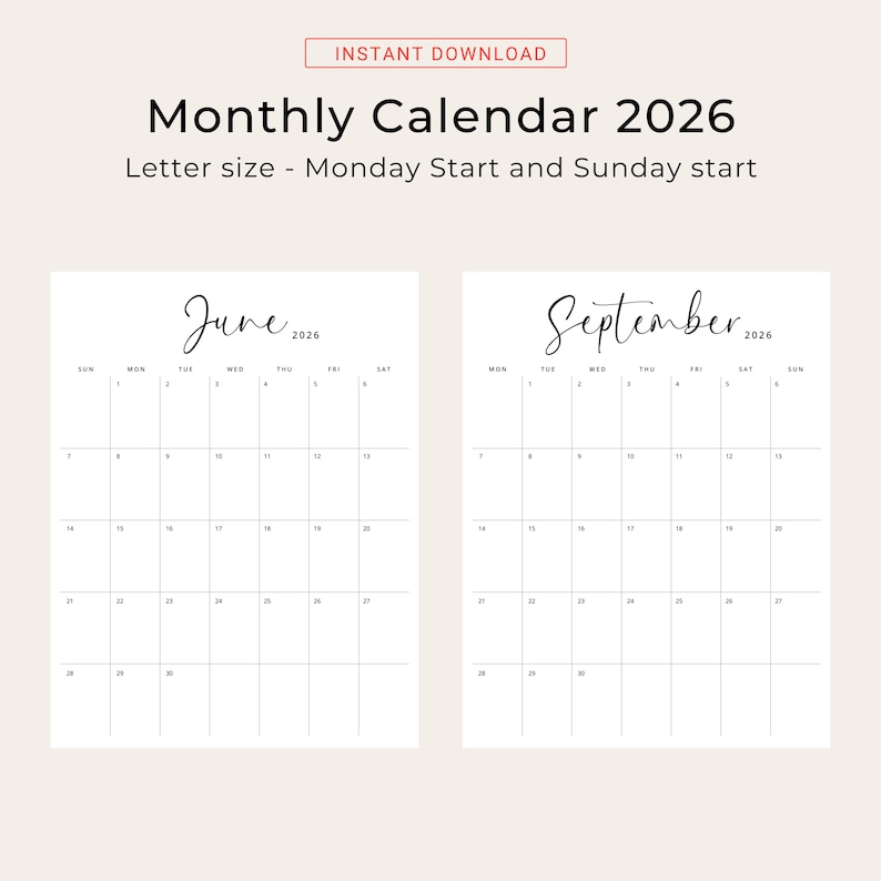 Printable 2026 Calendar 2026 Monthly Planner PDF Vertical Elegant Wall Calendar Sunday & Monday Start 2025 A4 Letter Size Desk Calendar 2026