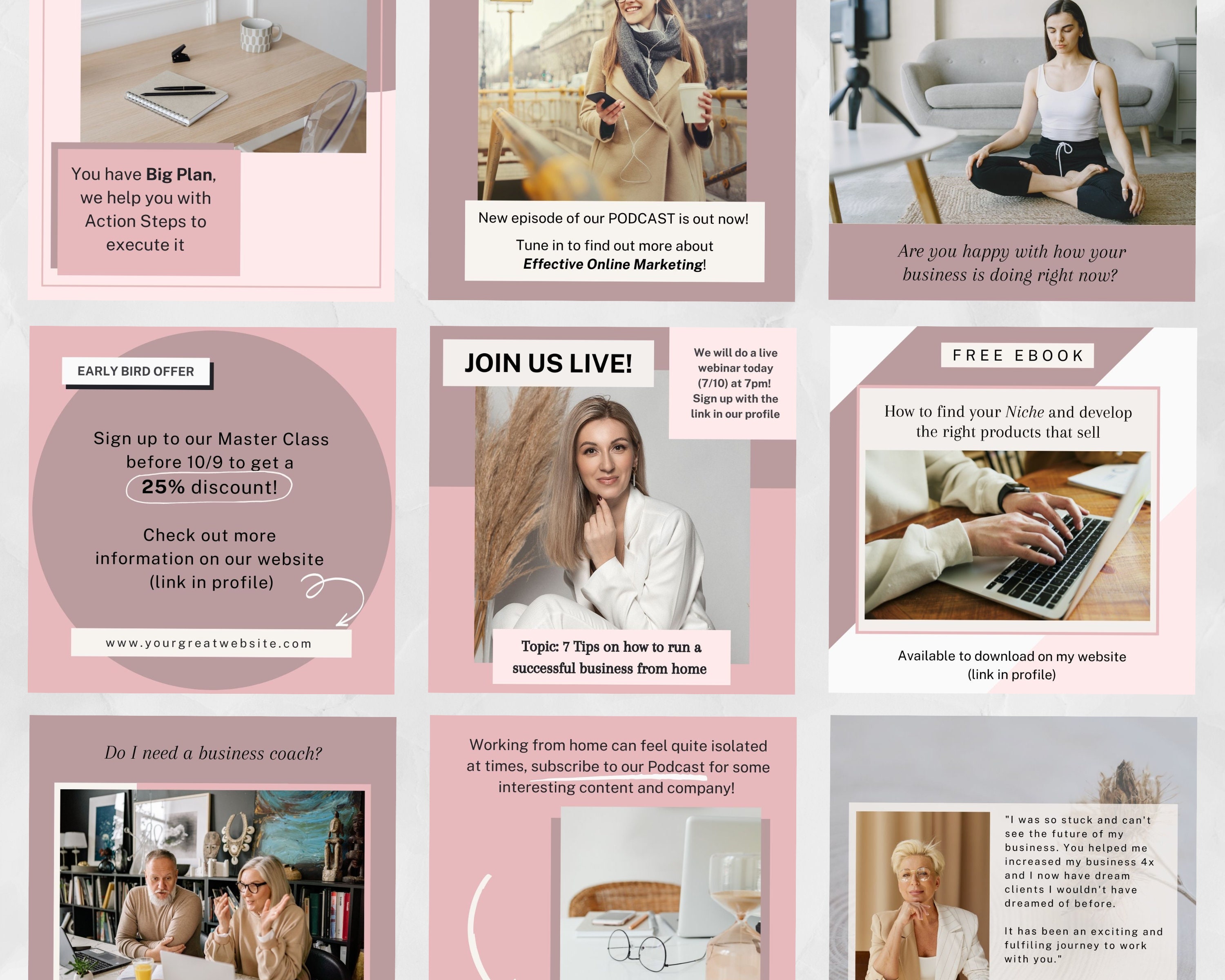 30 Business Coach Instagram Post Canva Templates Business Coaching Pink ...
