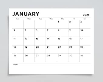 2026 Calendar Big Number 2026 Monthly Planner Easy To Read Landscape Sunday & Monday Start Wall Calendar PRINTABLE PDF Agenda A4 US Letter