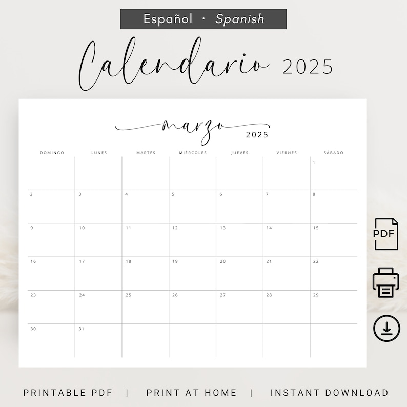 2025 Calendario 2025 Calendario Mensual Imprimible 2025 Elegante